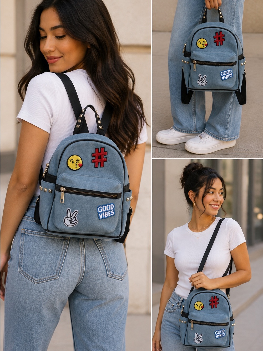 Denim Backpack with Cool Patches